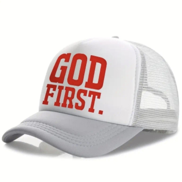 GOD FIRST. Gray and White Trucker Cap 🧢 UNISEX - Picture 2 of 7